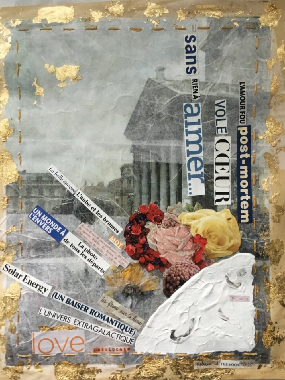 Collage on reproduction mounted on silk and butcher's papers 13 1/2 X 10 1/2inch